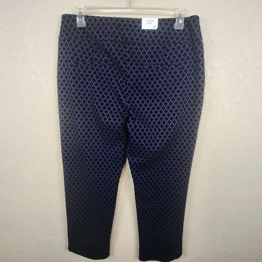 Crown & Ivy Black Velvet Diamond on Blue Pull On Pants Size 14 (7349)